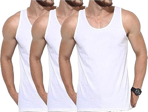 HAJRA® Mens Cotton Vests Tank Tops Plain Breathable Slim Fit Men Summer Top Sleeveless Vest, Easy Fit Men Workout Shirts Everyday Athletic wear Mens Dry-Fit Men Casual Vest White (Pack 3) (Medium)