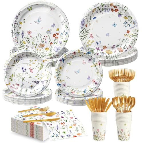Wildflower Party Decorations Plates and Napkins for 20 Guests Mothers Day Floral Paper Plates Wildflower Baby Shower Flower Disposable Plates Set for Birthday Bridal Shower Tea Garden Party Decor