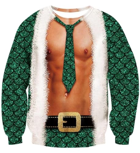 Belovecol Mens Jumper Muscle Printed Crew Neck Pullovers Long Sleeve Ugly Christmas Sweatshirts Green L