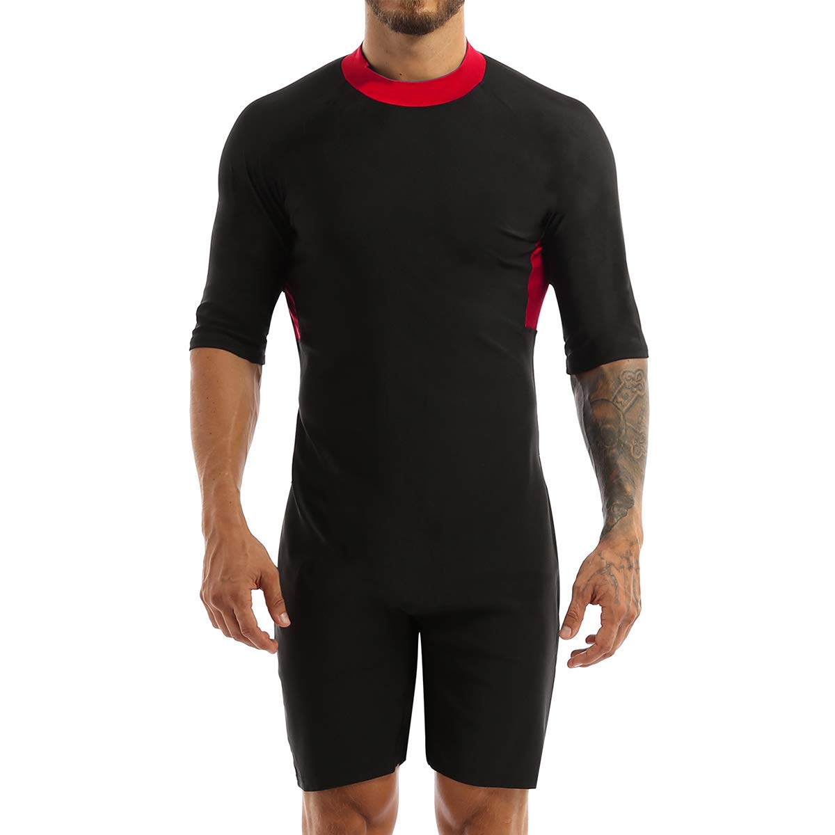Mufeng Mens Round Neck Half Sleeves Color Block Shorty Wetsuit Diving Swimming Surfing Scuba Jumpsuit Red XL