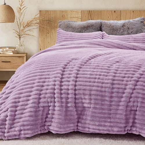 Image of Sasttie Full Comforter Set 3 Pieces - Super Soft Fleece Comforters Full Size, 1 Luxury Warm Fuzzy Marshmallow Comforter with 2 Pillow Cases, Faux Fur Down Alternative Bedding Set, Purple