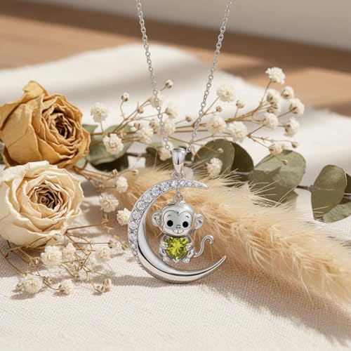 Image of PROESS Animal Birthstone Necklace 925 Sterling Silver Otter /Axolotl /Hippo /Elephant /Dachshund /Monkey /Red Panda Pendant Necklace Animal Birthstone Jewelry Gifts for Women