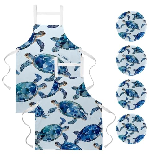 Lot de 2 tabliers de cuisine bleus à motif tortue de mer avec 4 broches incluses