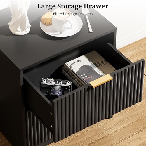Image of Furniway Nightstands Set of 2, Fluted Nightstand with Gold Metal Handles and 2 Drawers, Modern Bedside Table, 19.6 inch Wide Wood End Table for Bedroom, Black