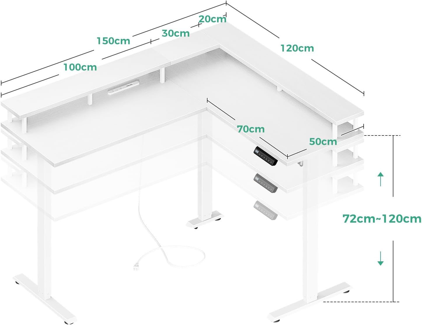 Diagram showing dimensions of the AODK L-shaped standing desk