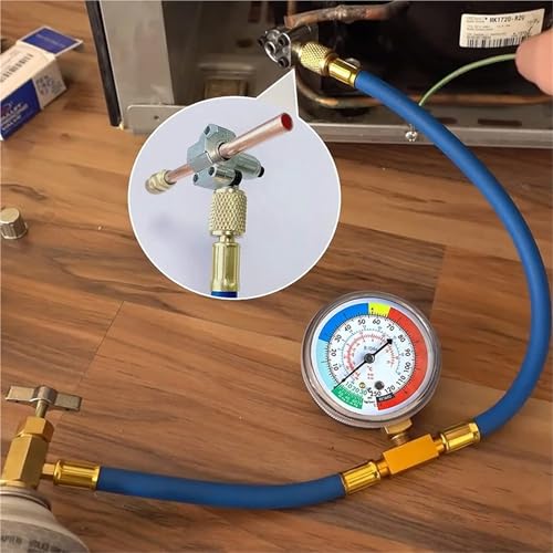 Kit de manguera de recarga R134A para refrigerador, manómetro de carga de refrigerante R134A, manguera con válvula de perforación miniatura 2