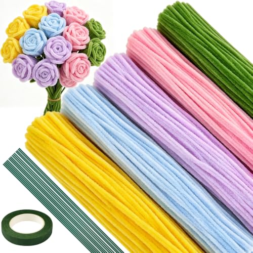 Image of ASTARON 521 Pcs 5 Colors Art Chenille Stems Pipe Cleaners Flower Making Kit | Macaron Colors Craft Pipe Cleaners,20 Floral Wires,Gardening Tape, Flowers Making Kit,Polyester Fluffy Pipe Cleaners Set