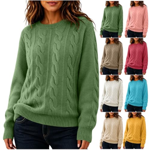 Cable Knit Sweater Women Crew Neck Lightweight Casual Pullover Sweaters
