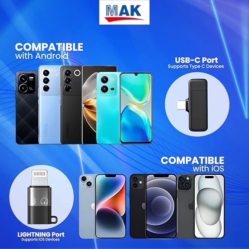 Image of MAK Dual Wireless Lavalier Microphone System with Charging Case, ANC Noise Reduction, Type-C Receiver, Long Battery Life for Vlogging, YouTube, Interviews & Content Creation
