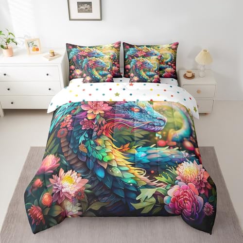 Manfei 7 Pieces Dragon Comforter Set Twin Size, Watercolor Flower Bedding Set for Kids Boy Girls Bedroom Decor, Fairy Tale Animal Floral 7pcs Bed in a Bag with Comforter, Sheets and Pillow Cases