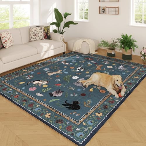 Area Rugs 8x10 Rug for Living Room Clearance Washable Boho Area Rug Non Slip Floral Animal Cat Vintage Low Pile Large Rug for Bedroom Farmhouse Dining Room Kids Playroom, Pearl Gentian Blue