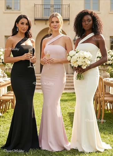 Image of Stretch Spandex Bridesmaid Dresses Long 2026 One Shoulder Formal Gowns Satin Mermaid Prom Wedding Guest DR0194N