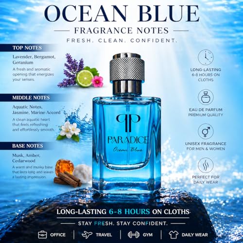 Image of Paradice Ocean Blue 50ml Unisex Eau De Parfum for Men & Women | Long Lasting Aqua Fragrance | Lemon Bergamot Mint Lavender Notes | Office College Daily Wear Gift Perfume Spray