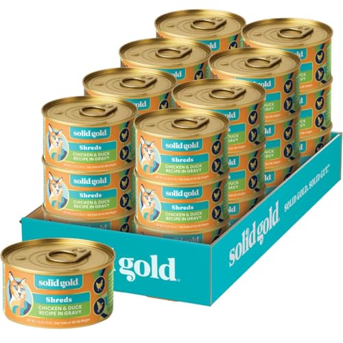 Image of Solid Gold Wet Cat Food Shreds in Gravy - Healthy Canned Cat Food Made w /Real Chicken & Duck Shreds, Vitamins & Minerals - Grain Free & Gluten Free Canned Meals for Cats & Kittens - 24ct /3oz Can
