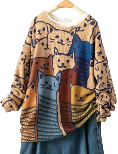 Image of YESNO Women Christmas Sweater Graphic Printed Oversized Pullover Sweaters Casual Loose Knit Tops S01