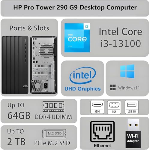 Image of HP 2026 Pro Tower Business Desktop PC | 13th Gen Intel i3 Quad-Core up to 4.5GHz | 16GB RAM, 256GB SSD | Copilot AI | Windows 11 Home | WiFi Adapter | Ready-to-Work Office Computer with Accessories