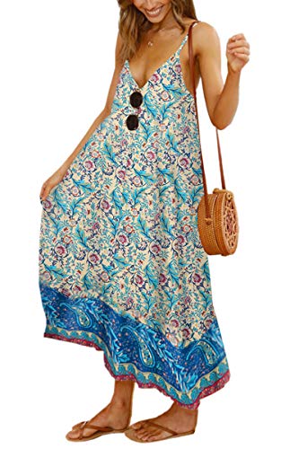 Image of Angashion Women's Dresses Floral Adjustable Spaghetti Strap V Neck Boho Long Maxi Dress Summer Beach Flowy Ethnic Sundress