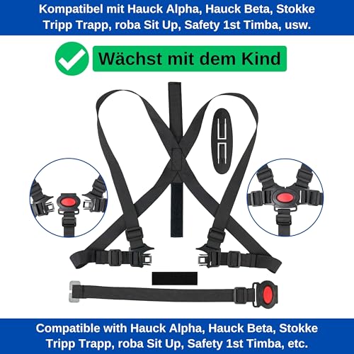Hochstuhl 5-Punkt Gurtsystem, 1 Set, kompatibel mit Hauck, Stokke Tripp Trapp, Roba, uvm., in Schwarz, Gurt mit Brustclip, verstellbarer Kinderhochstuhl Sicherheitsgurt, Hochstuhlgurt 5 Punkte System