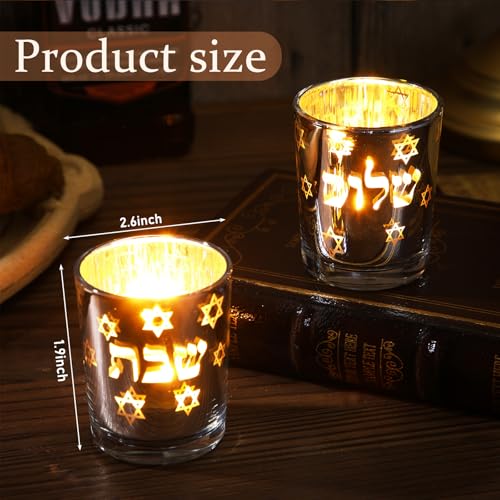Image of Honeydak Set of 2 Shabbat Tealight Holders Silver Jewish Judaica Gift Set Electroplated Glass Modern Shabbat Decorative Light Holders for Tea Lights Hanukkah Gifts