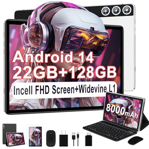 Image of DMOAO Android Tablet 2025 Tablets with 22GB RAM+128GB ROM / 1TB Expand, 8000mAh Battery, Octa-Core 2.0GHz CPU, 5G WiFi, GPS, 10.1 Inch FHD IPS 2 in 1 Tablet PC with Keyboard /Mouse-Sliver