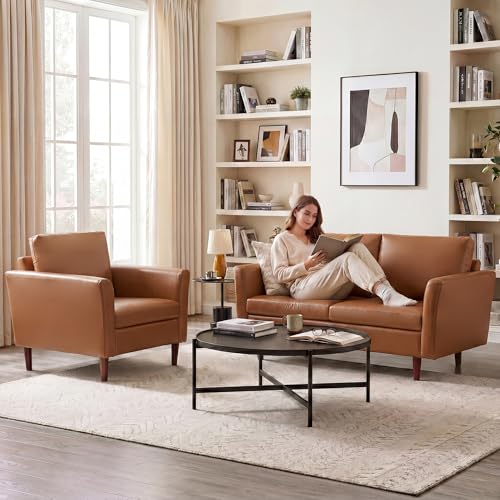 Image of Kingfun Faux Leather 3 Seat Couch for Living Room, Mid Century Modern Sofa with Rolled Arms and Deep Seats, Fluffy Comfort for Apartment, Easy to Assemble, Mid Brown