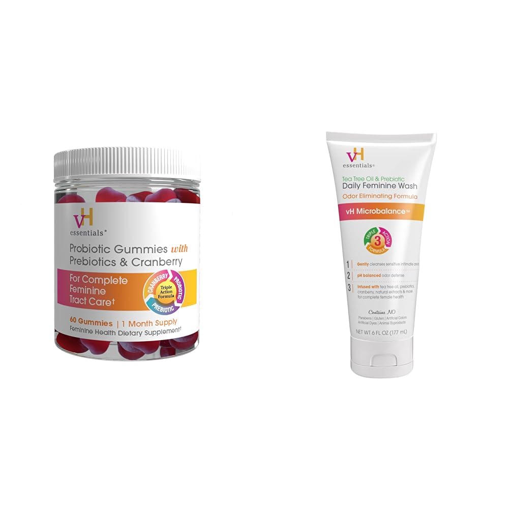 vH essentials Probiotic Gummies with Prebiotics & Cranberry, 60 Count Tea Tree Oil & Prebiotic Daily Feminine Wash, 6 Fl Oz (Pack of 1)