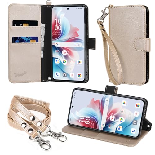 wisers OPPO Reno11 A ケース 手帳型 スマホケース 対応 (ゴールド) ストラップ 2種付き (ハンドストラップ/ネックストラップ) 2024年 新型