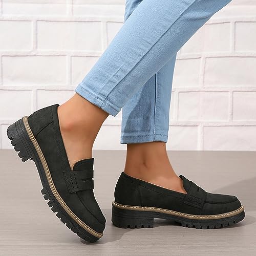 Image of Womens Loafers Slip On Casual Chunky Platform Heel Loafers Classic Penny Dressy Comfy Business Work Shoes Green Beige Black Red US5-11