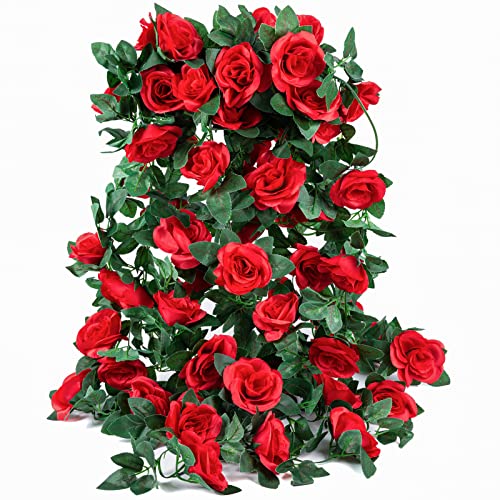 OWPFJG 4 Pack (32FT) Artificial Rose Vine Fake Flowers Garland Hanging Silk Rose Ivy Plants Vine for Mother's Day Wedding Arch Party Wall Indoor and Outdoor Aesthetic Art Décor (Red) by OWPFJG - Used condition - US$19.16