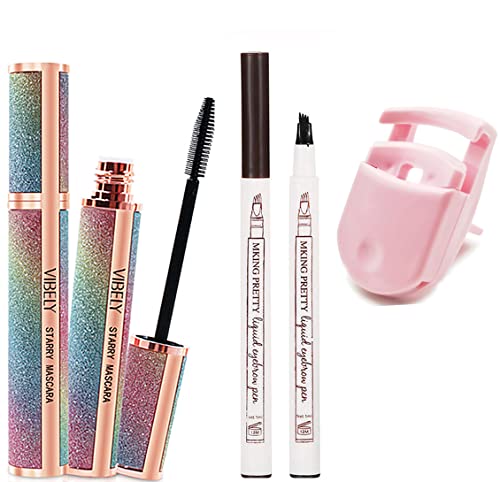Silk Fiber Mascara for Longer, Voluminous Eyelashes,Natural Waterproof Smudge-Proof, With Eyebrow Tattoo Pencil,All Day Exquisitely Long, Smudge-Proof Eyelashes 3 styles (Black)