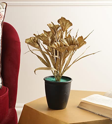 Image of FOLIYAJ Artificial Golden Tulip Plant with Black Pot | Place This Faux Plant on Shelves, Desks, Side or Center Tables to Decorate Your Home or Office | Fake Plants for Interior Decoration