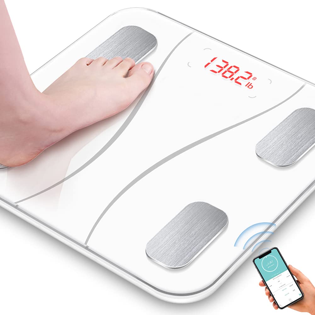 Bluetooth Body Fat Scale, Smart Wireless BMI Bathroom Weight Scale Body Composition Monitor Health Analyzer with Smartphone App for Body Weight, Fat, Water, BMI, BMR (White)
