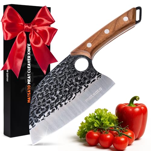 Matsato Couperet de Cuisine Professionnel – Couteau Hachoir en Acier Inoxydable avec Poignée en Bois Carbonisé, Lame de Précision pour Découpe Viande, Volaille, Légumes et Os