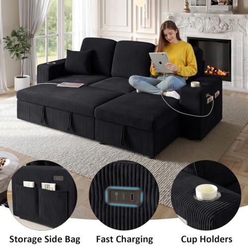 Image of 90 Inch Modular Sectional Sleeper Sofa Bed, 4 in 1 Pull Out Couch Bed with Reclining Backrest | Reversible Storage Chaise | Wide Armrest | Tool Free Assembly, Chenille Fabric, Corduroy Black
