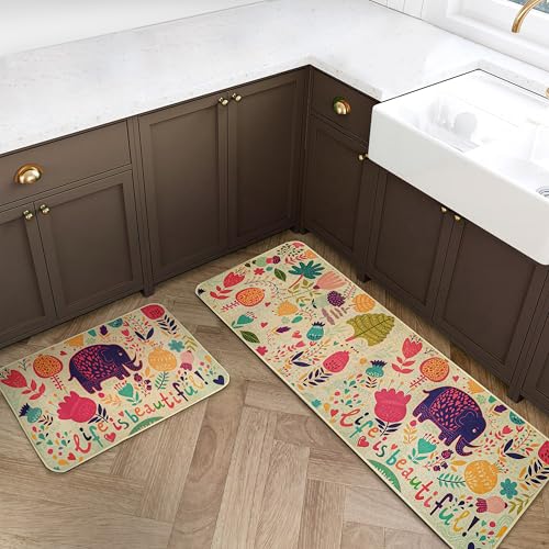 Image of Yellow Weaves- Non-Slip Kitchen Floor Mats, Water Absorbent, Rugs,Standing Jute Mats for Kitchen, Office, Sink and Laundry Room, Life is Beautiful (Pack of 2)