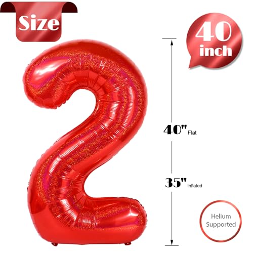 Image of Laser Red 2 Balloon, Number Balloons 40 Inch, 2nd Balloon Number Birthday Decorations, Second Two Birthday Party Supplies, Number 2 Balloon