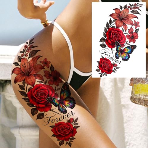 Image of VANTATY 4 Sheets Large Watercolor Flower Lily Temporary Tattoos For Women Adults Arm Thigh Tattoo Sticker, Realistic Floral Butterfly Rose Fake Tattoos Body Art Hips Buttock Makeup Tatoos Long Lasting