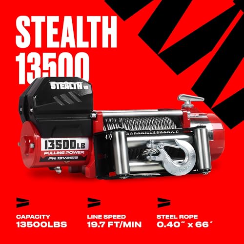 Stealth Winches 13500lb Truck Winch 12V Electric Winch with 2 Wireless remotes and Steel Rope, Perfect for SUV Towing Trailer Winch, Hook, Weatherproof, with Roller Fairlead, Heavy Duty