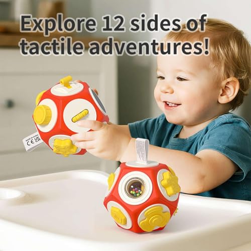 Image of 12-in-1 Plastic Busy Cube Toy for Toddlers - Educational Sensory Activity Ball with Rattle, Buttons, Gears & Mirror - Montessori Fine Motor Skills Travel Toy for Babies 0-3 Years (Red Cube)
