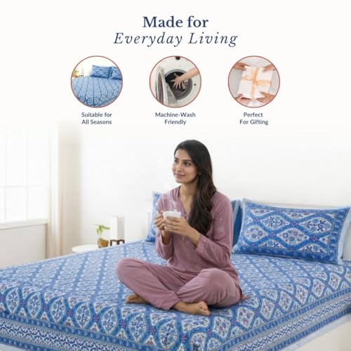 Image of Jaipur Weaves Jaipuri Double Bed Cotton Bedsheet Queen Size 90x85, 120 TC 100% Pure Cotton Bed Sheet with 2 Pillow Covers, Floral Traditional Print (Blue Jaal, Double)