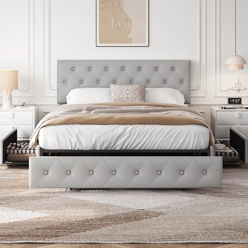 Yaheetech Queen Bed Frame with Adjustable Diamond Button-Tufted Headboard/3 Drawers ...