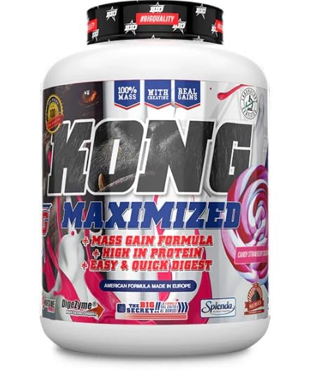 BIG - KONG Mass Gainer 3kg - Ganador de Peso y Masa Muscular con Proteina de Suero, Carbohidratos, Creatina Monohidrato y Taurina - Suplemento Gainer Ganador de Peso - (Candy Strawberry Cream)
