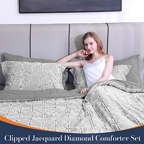 Walensee Queen Comforter Set Clipped Jacquard Diamond 100% Polyester Soft Washable Microfiber Bed Comforters With 2 Pillowshams All Season Lightweight Cozy Bedding Comforter Sets 3 Pieces 90"X90" Grey #TOP3