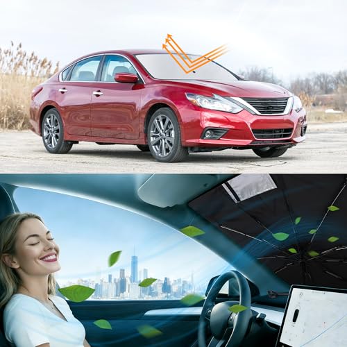 Image of Windshield Sun Shade Umbrella for 2013-2018 Ni-ssan Altima Sedan | Full covered for windshield, Block UV Rays, Heat Reduction, Easy to install, Durable & Fold Up Small