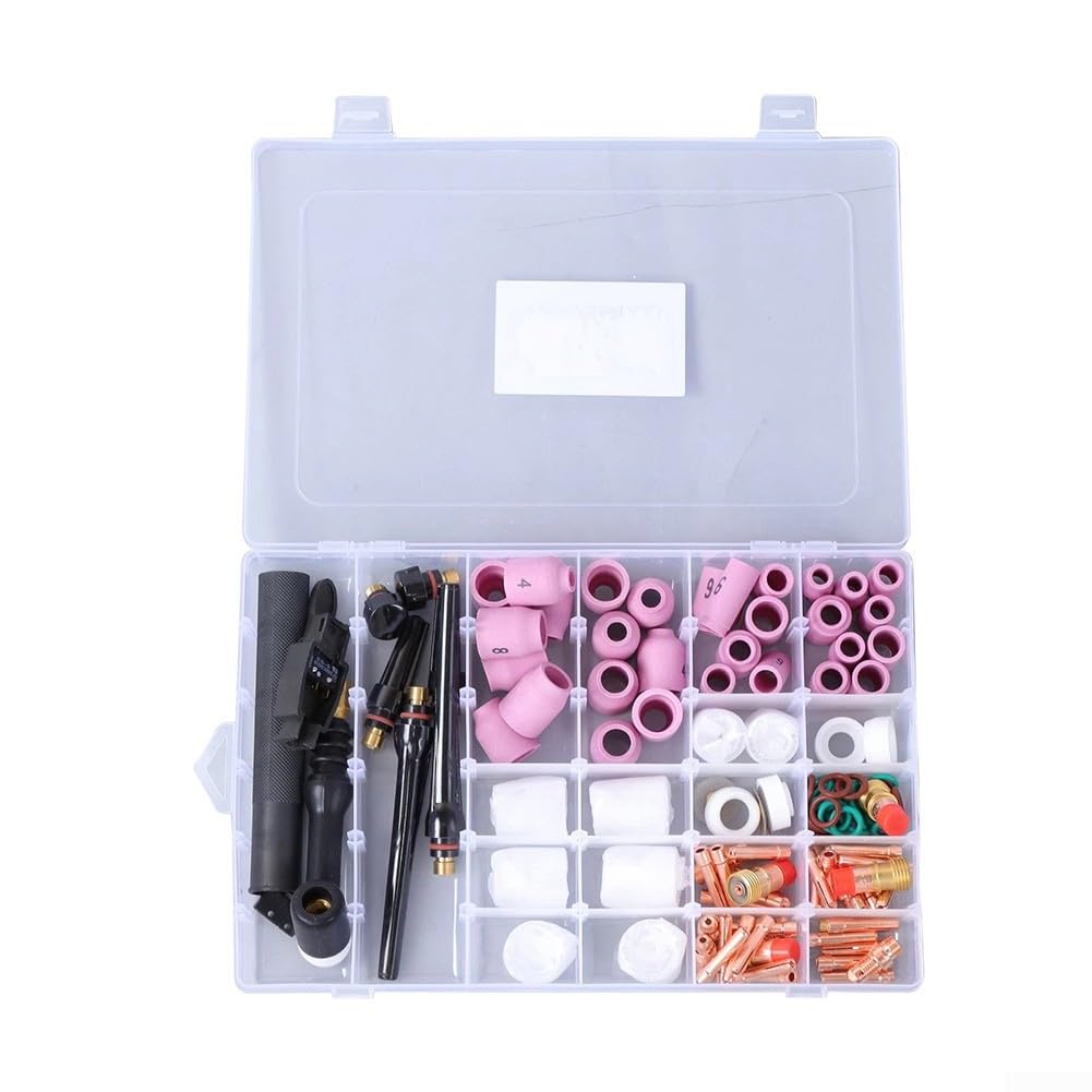 Kit di saldatura TIG, 123 pezzi, set di ugelli in allumina per torce a lente a gas tozze, accessori compatibili con modelli di torcia di saldatura WP-17, WP-18, WP-26