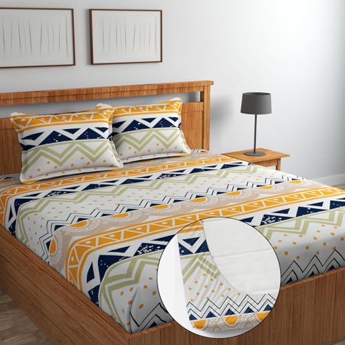Image of NHD HOME Premium Cotton Elastic Fitted Bedsheets with 2 King Size Pillow Covers Double Bed with All Around Elastic Supersoft Size - 72 x 78 +10 inches Abstract Beige 200 tc - 220 tc