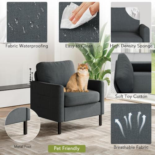 Image of STHOUYN Modern Accent Chairs, Bedroom Chair with Side Pockets, Linen Fabric Living Room Chair, Side Arm Chairs for Apartment, Waiting Room (Dark Grey, 1pc)