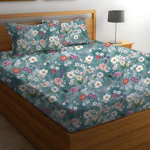 Image of DECOREZA Premium Cotton Feel Elastic Fitted Bedsheet Queen Size 60 x 78 Inch with 2 Pillow Covers | All-Around Elastic | Soft & Breathable | Mattress Upto 10 Inches (Blue Bootie)