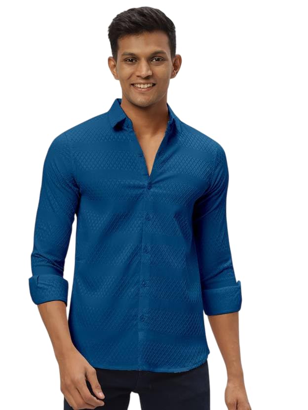 Image of Men's Polycotton Casual Textured Button Down Regular Fit Shirts Long Sleeve Shirt