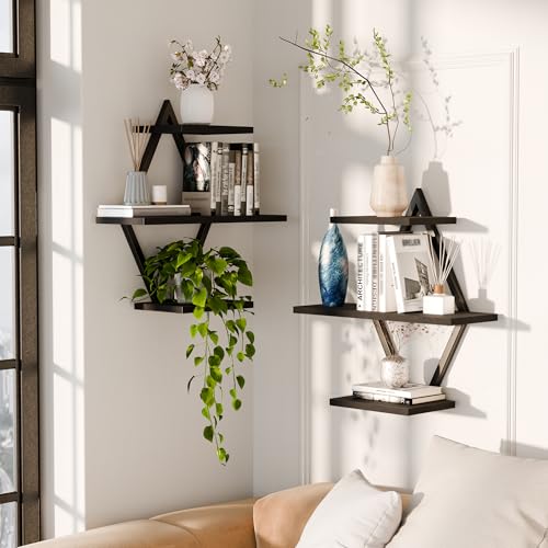 Image of Floating Shelves, Wall Shelf Set of 2, Wall Mounted Shelves, 3-Tier Hanging Wall Shelves for Bathroom, Living Room, Bedroom, Kitchen, Office (Black)